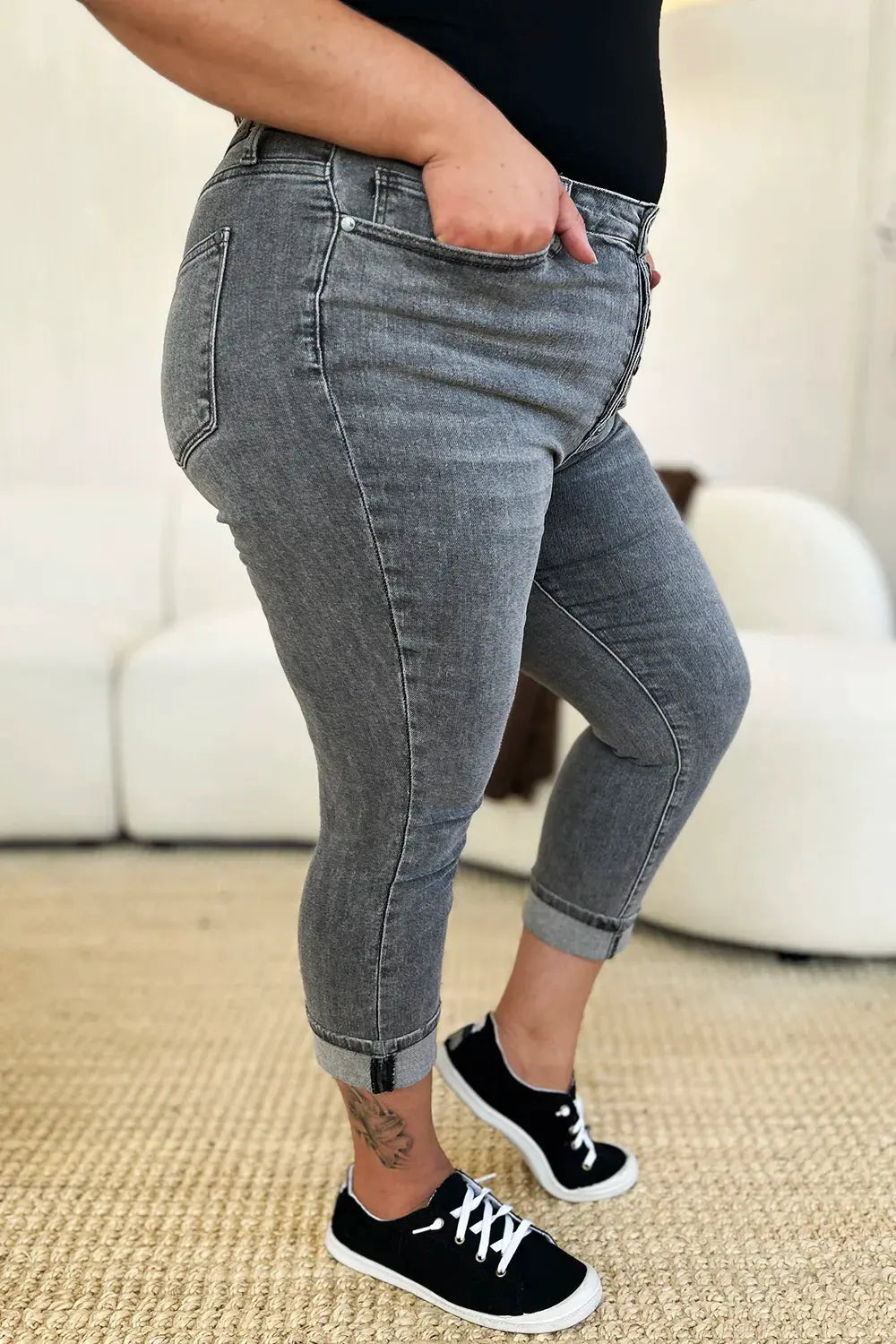 Judy Blue Full Size Button Fly High Waist Cuffed Capris by Judy Blue