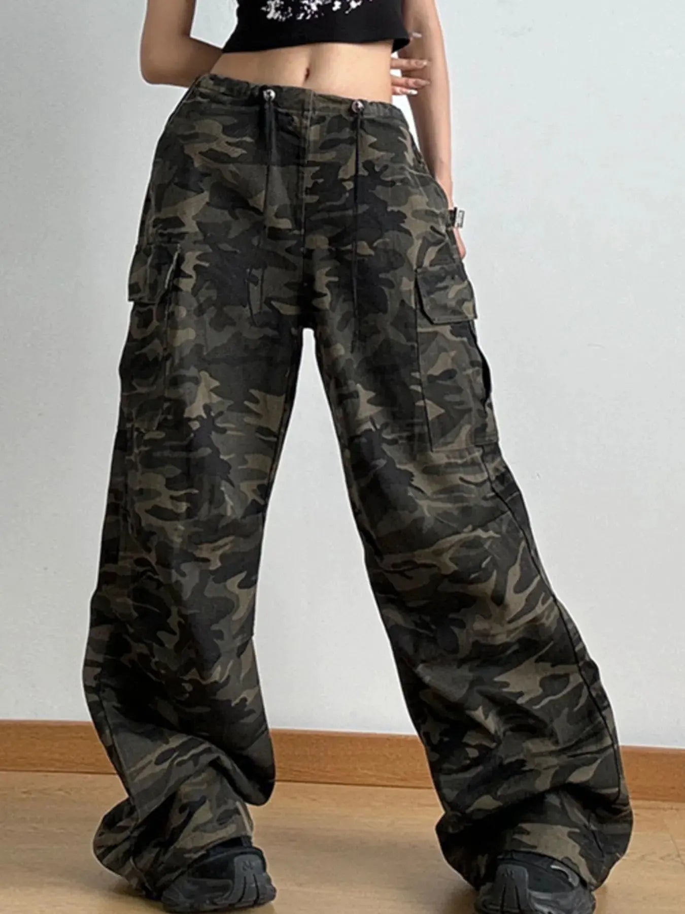 Drawstring Camouflage Cargo Wide Leg Jeans by Partner Label