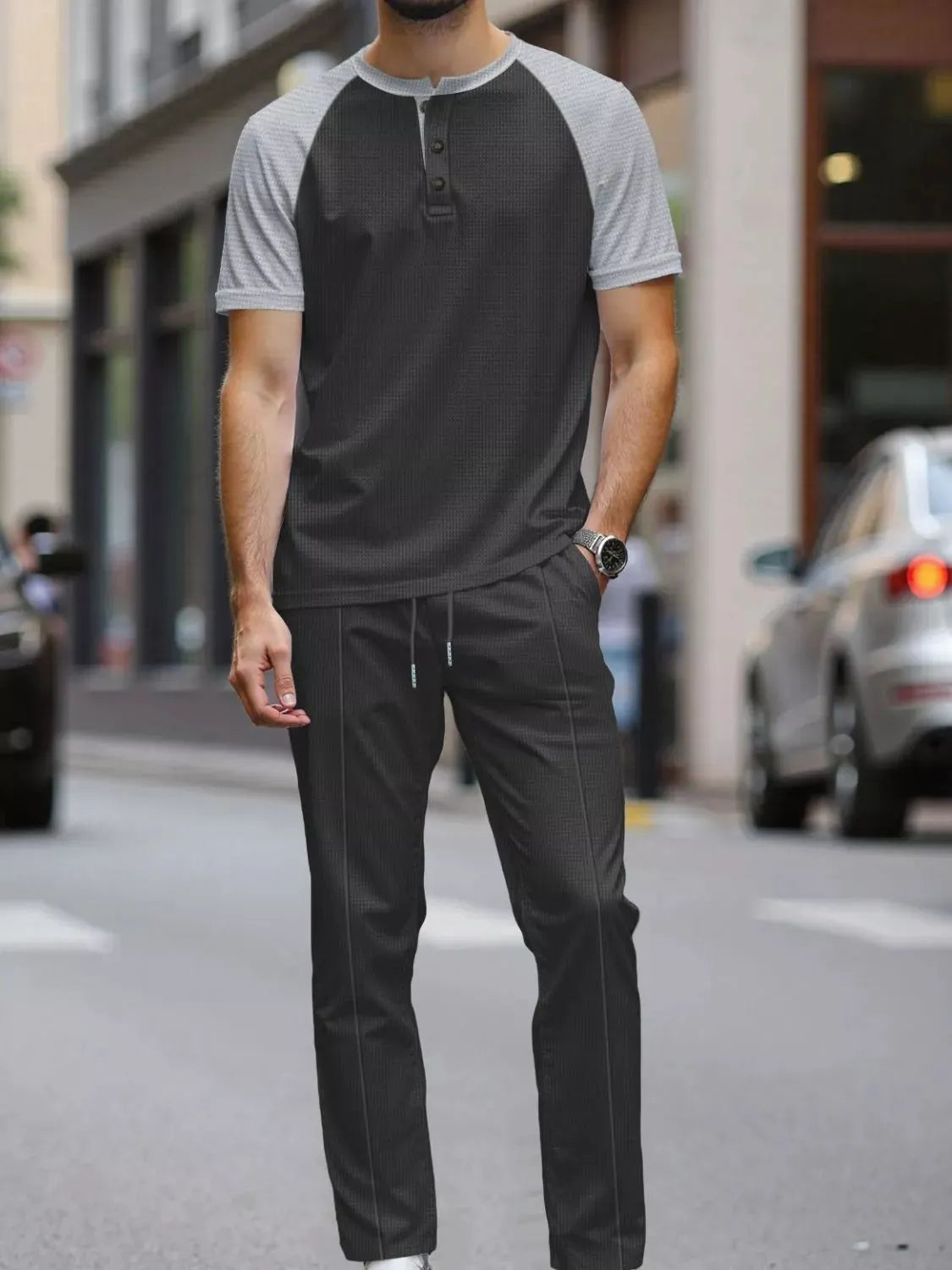 Men's Full Size Casual Two-Tone Raglan Sleeve Tee and Pants Set Plus Size by Trendsi