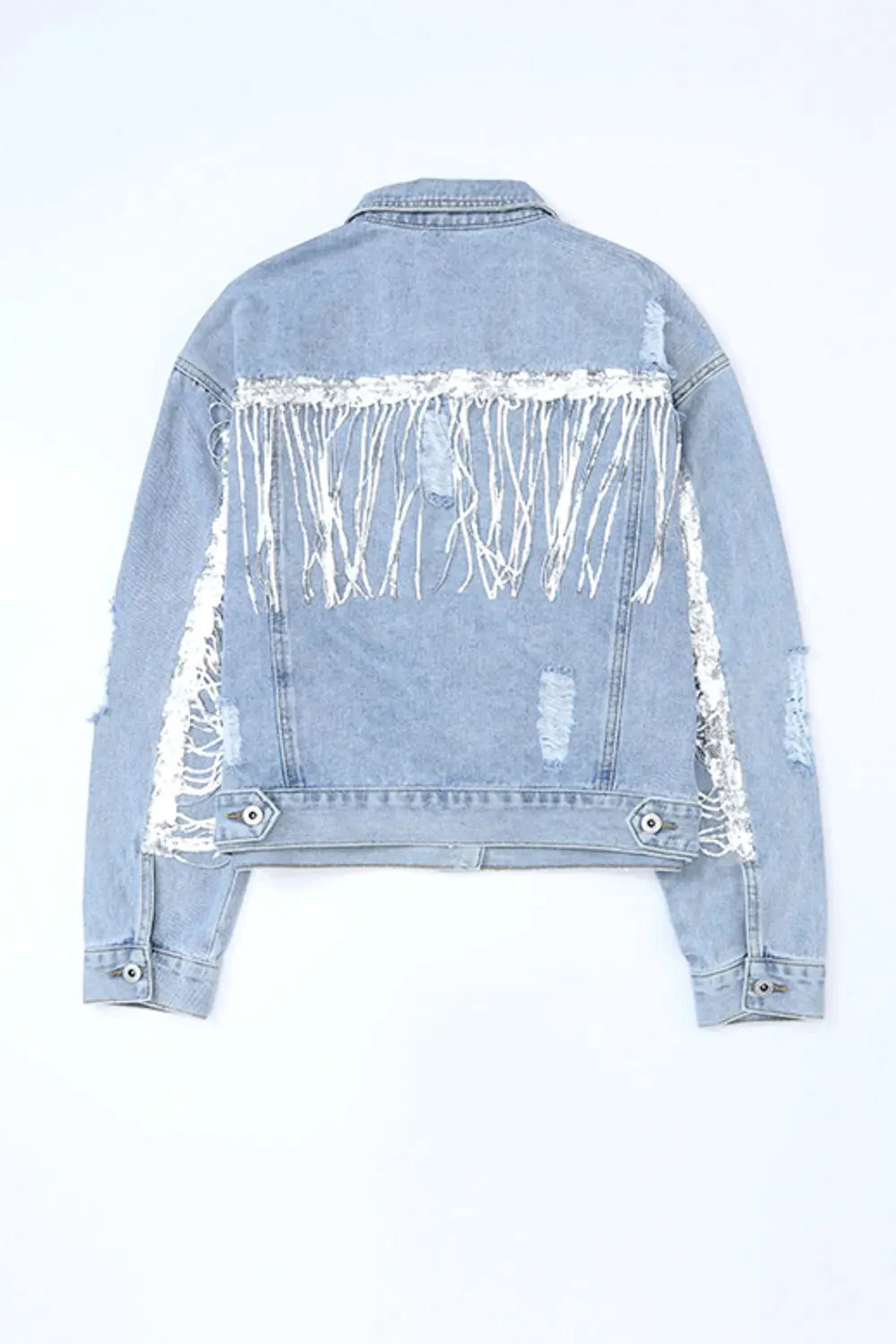 Sequin Fringe Trim Distressed Button Up Denim Jacket by Partner Label