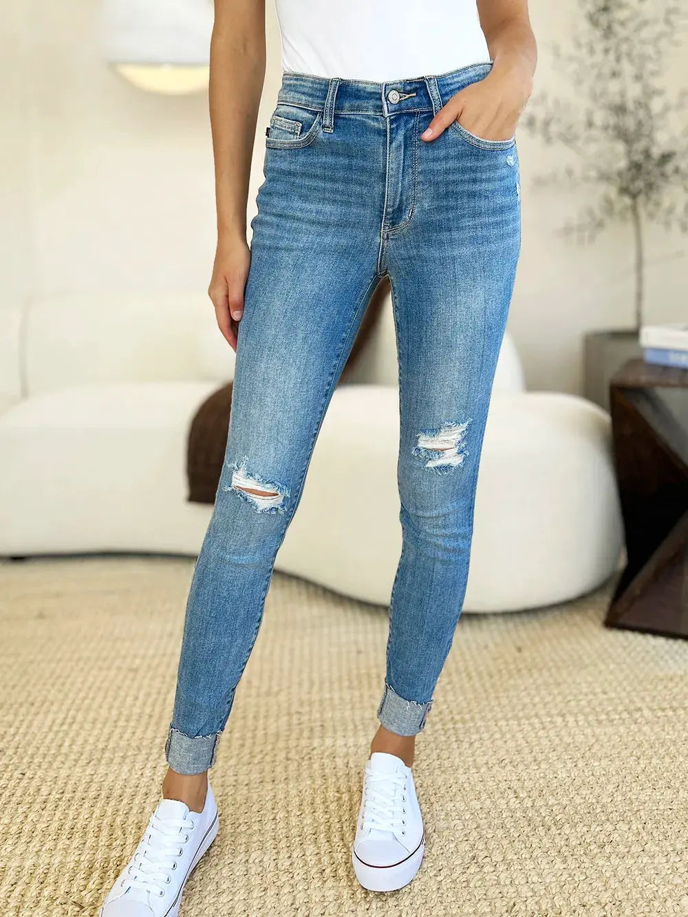 Judy Blue Full Size Mid Rise Destroy & Cuff Skinny Jeans by Judy Blue
