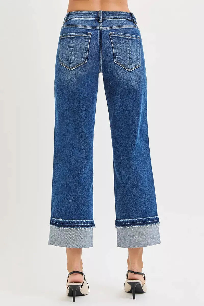 RISEN Mid Rise Ankle Straight Jeans with Cuffed Hem by RISEN