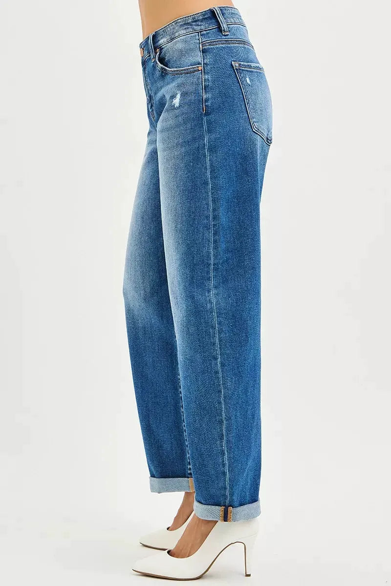 RISEN Full Size Mid Rise Barrel Double Roll Up Jeans Plus Size by RISEN