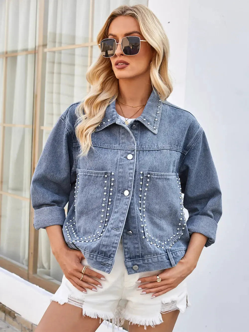Studded Long Sleeve Denim Jacket by Partner Label