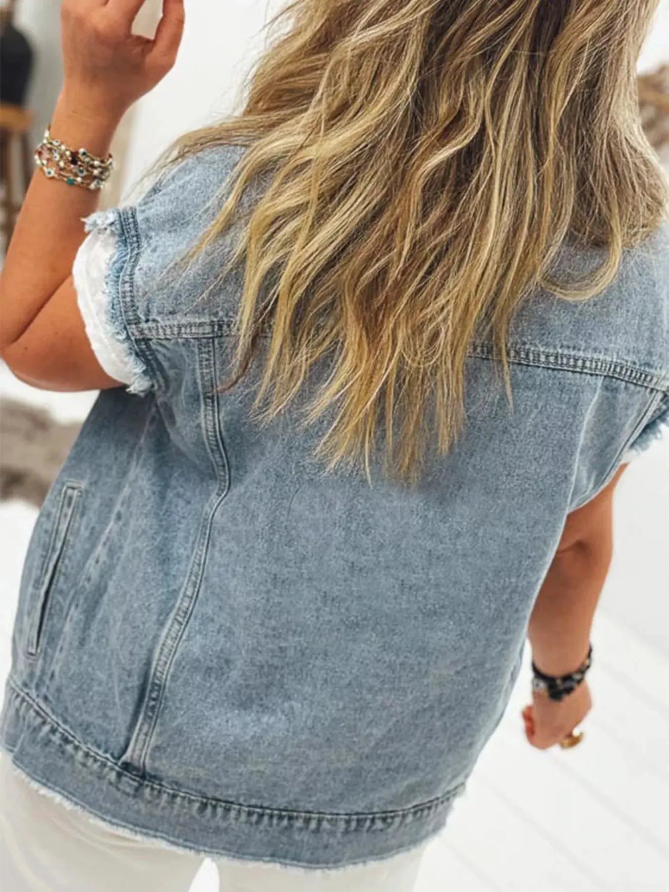 Button Flap Pocket Frayed Detail Denim Vest by Partner Label