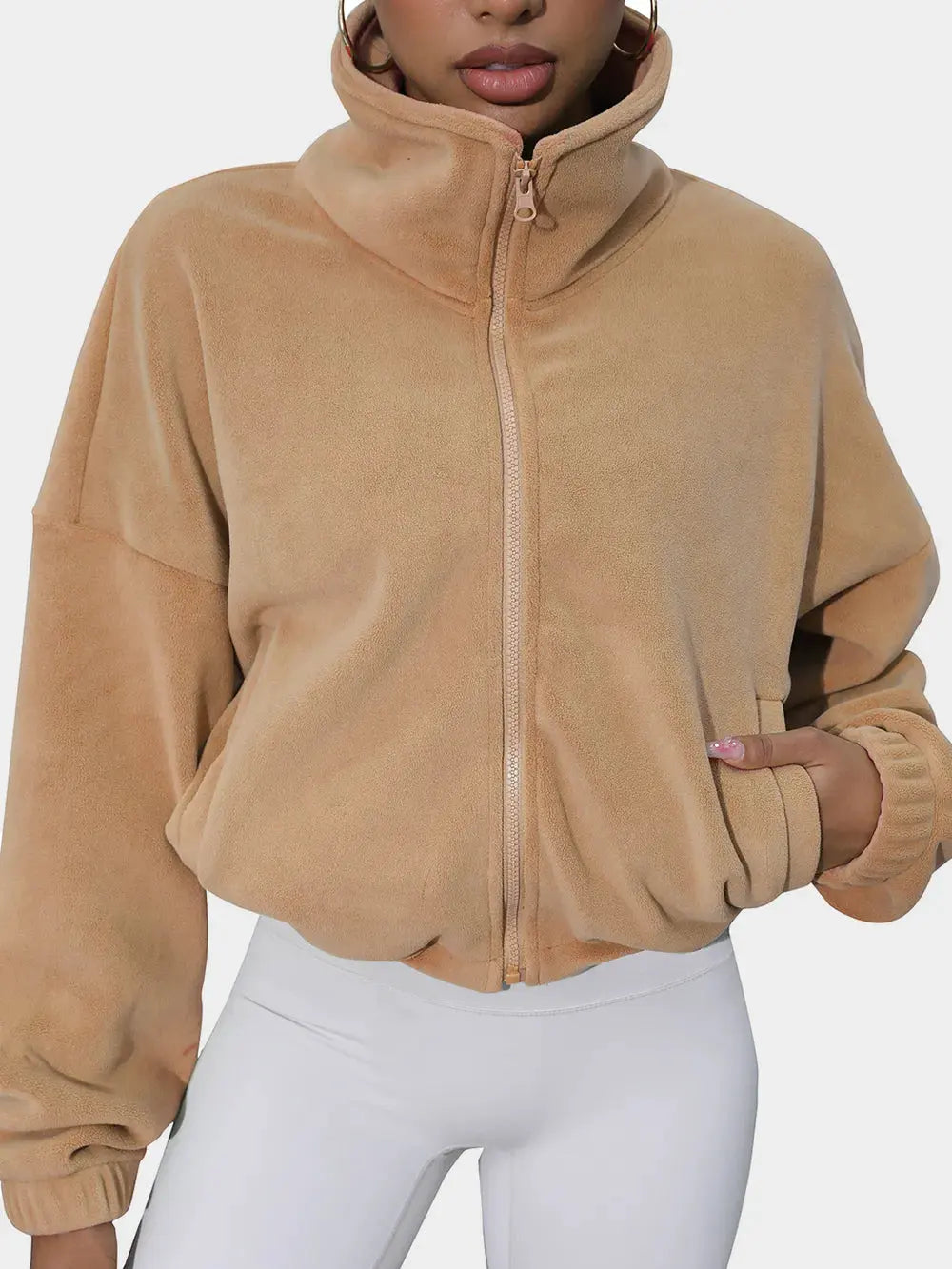 Drawstring Turtleneck Zip Up Long Sleeve Jacket by Partner Label