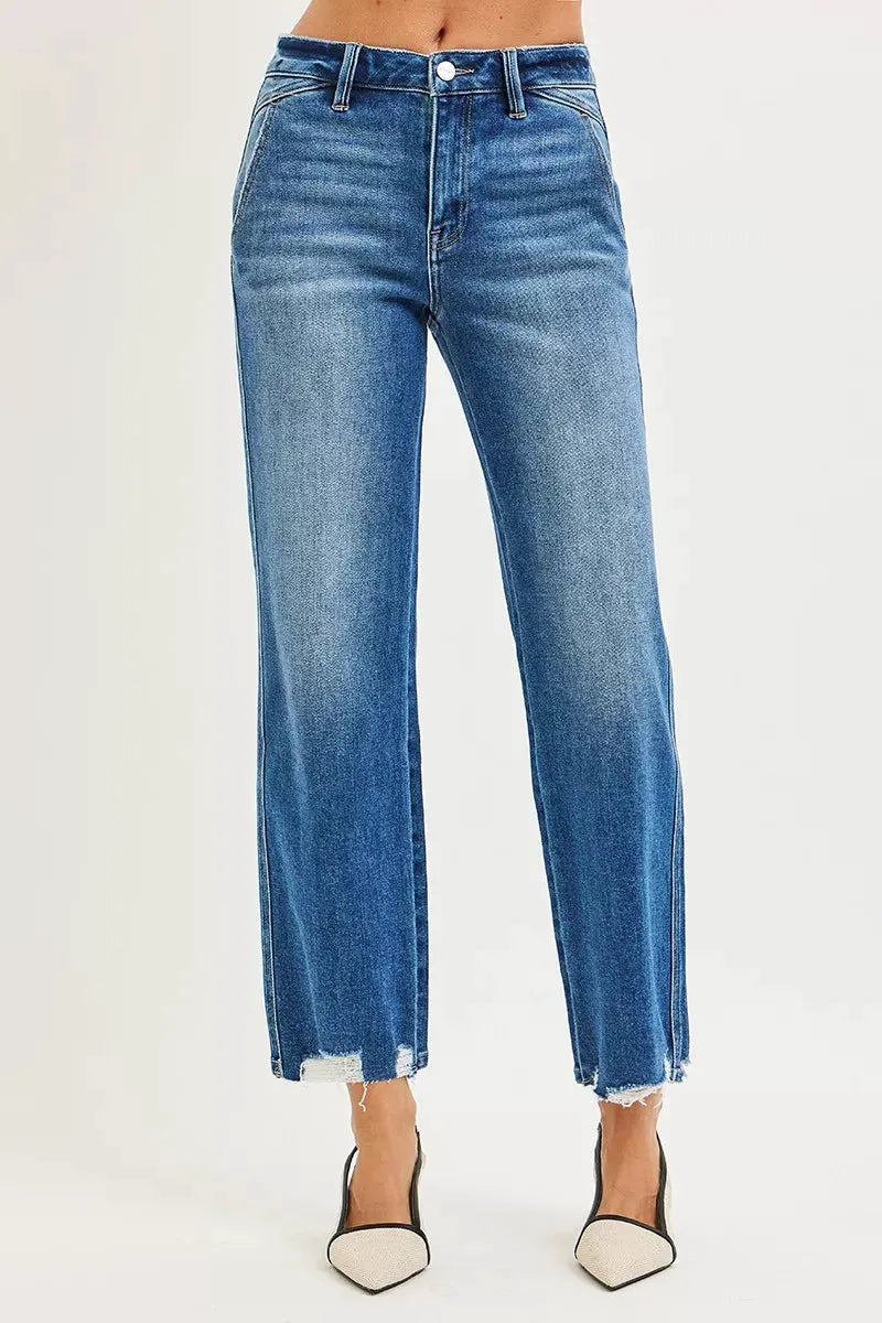 RISEN High Rise Ankle Straight Distressed Hem Detail Jeans by RISEN