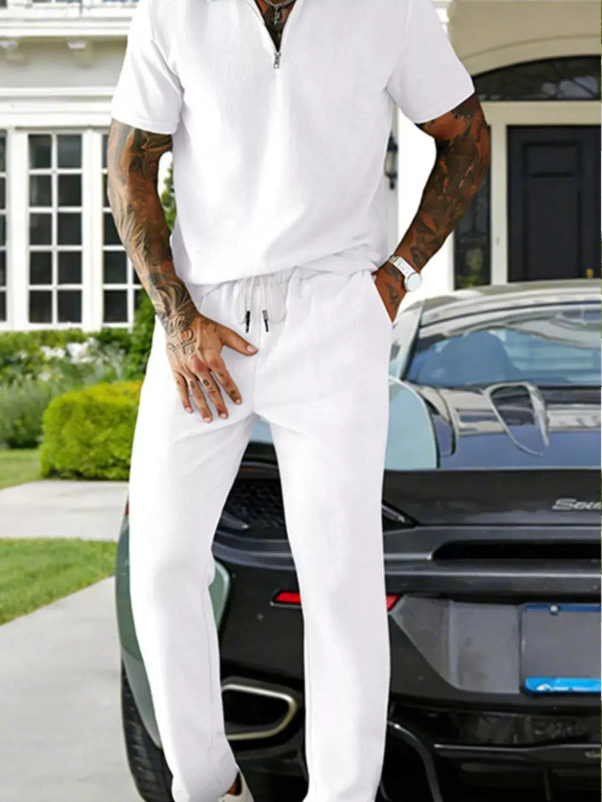 Men's Full Size Casual Zipper Polo Shirt and Drawstring Pants Set Plus Size by Trendsi