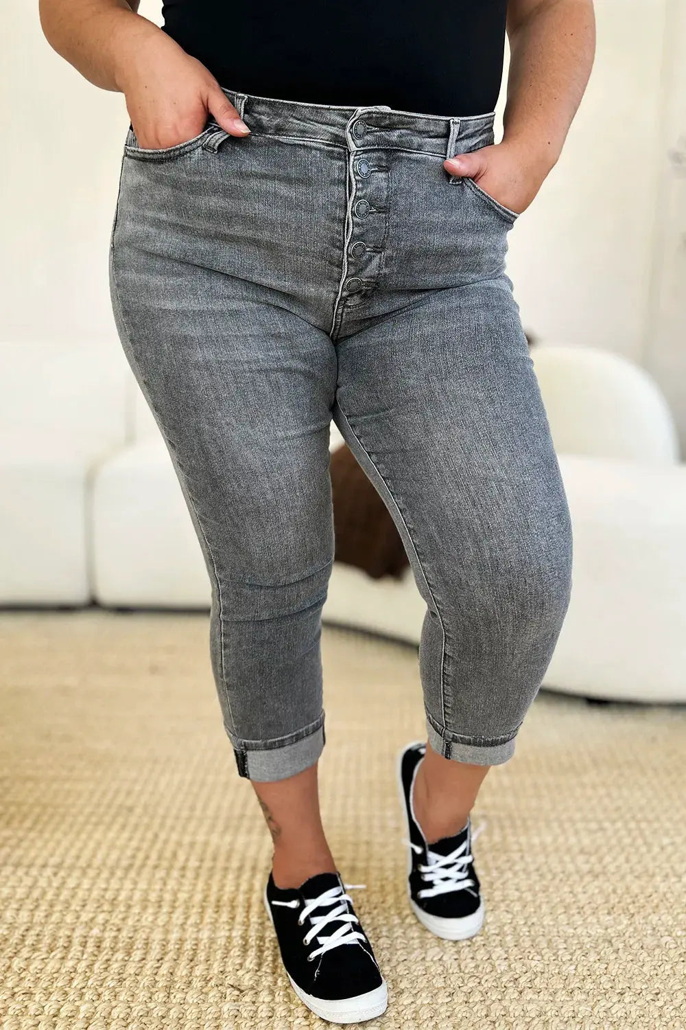 Judy Blue Full Size Button Fly High Waist Cuffed Capris by Judy Blue