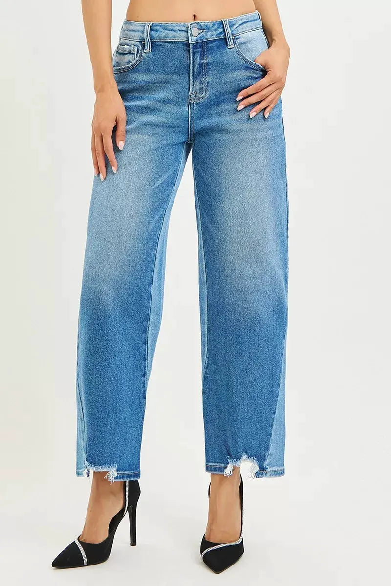 RISEN Full Size Slouchy Cropped Barrel Jeans with Contrast Wash Plus Size by RISEN