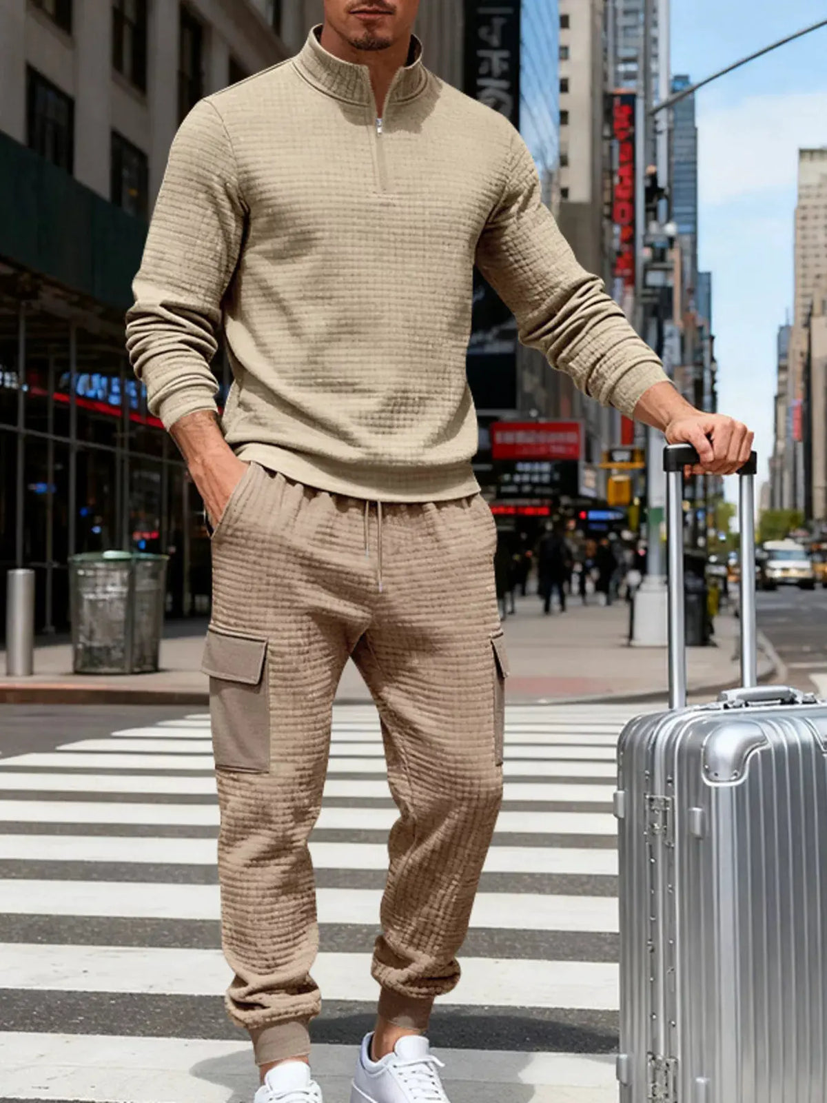 Men's Full Size Quarter-Zip Top and Cargo Joggers Set Plus Size by Trendsi