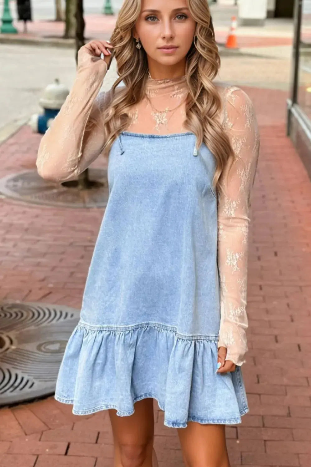 Bow Detail Spaghetti Straps Ruffle Hem Denim Dress by Partner Label