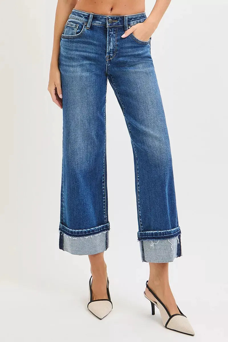 RISEN Mid Rise Ankle Straight Jeans with Cuffed Hem by RISEN