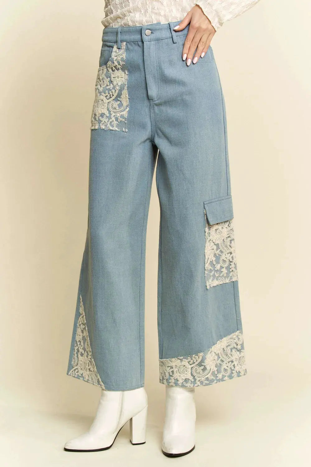 Davi & Dani Lace Applique Wide Leg Jeans by Davi & Dani