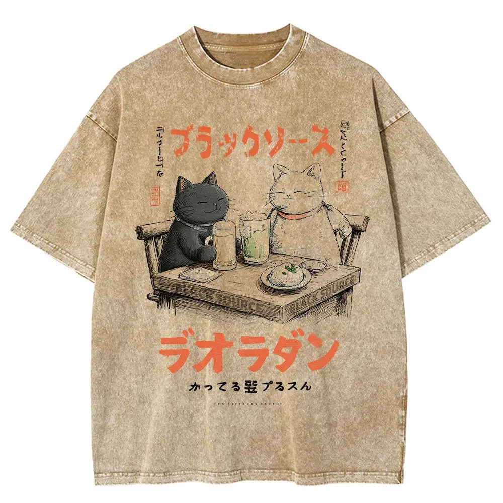 Japanese Cat Cartoon Graphic Baggy T-Shirt Men Streetwear by Vimost Shop