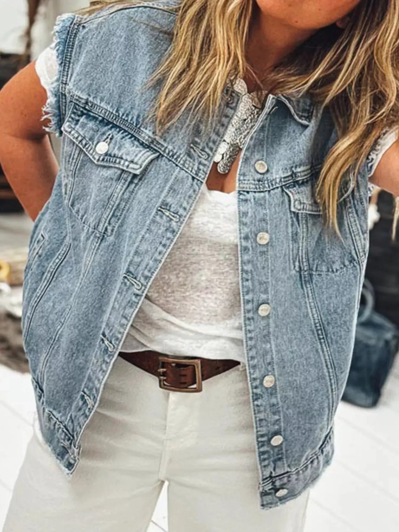 Button Flap Pocket Frayed Detail Denim Vest by Partner Label
