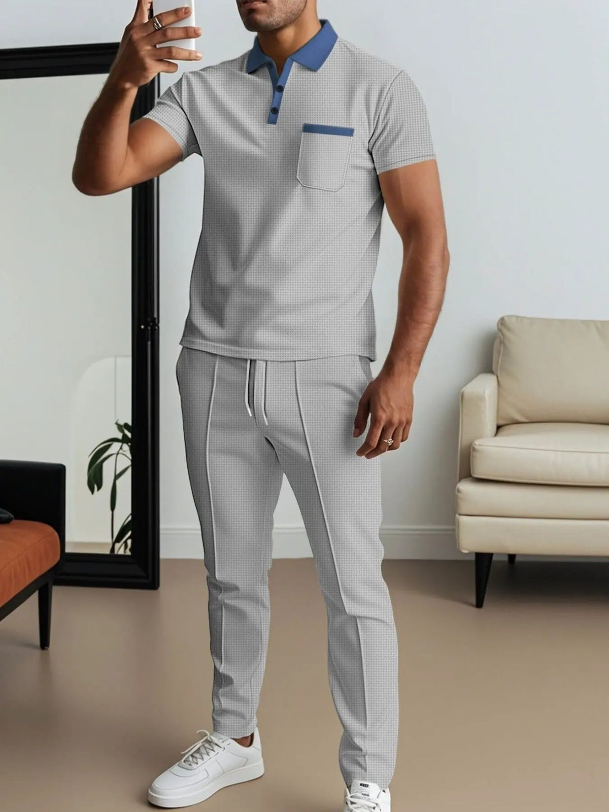 Men's Full Size Short Sleeve Polo and Pants Set Plus Size by Trendsi