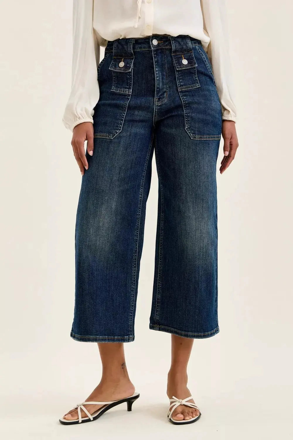Judy Blue High Waist Wide Crop Utility Jeans with Patch Pocket by Judy Blue