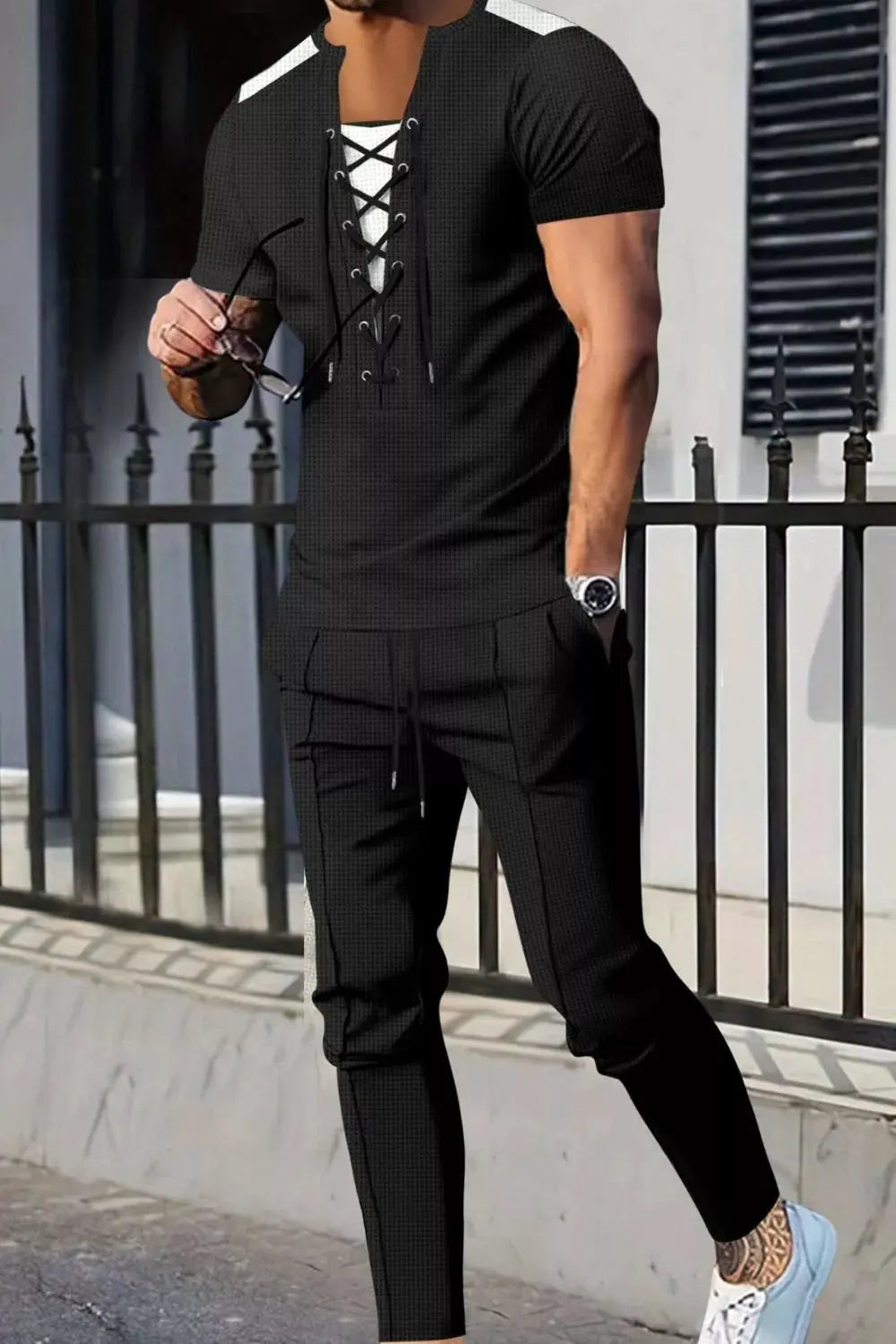 Men's Full Size Lace-Up Front Top and Pants Casual Set Plus Size by Trendsi