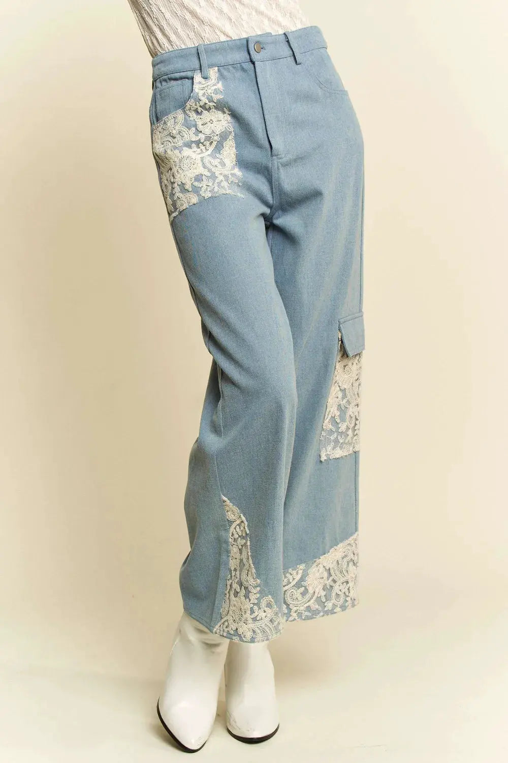 Davi & Dani Lace Applique Wide Leg Jeans by Davi & Dani