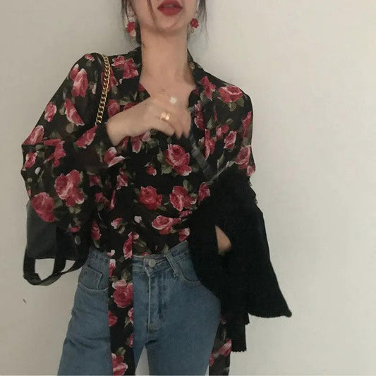 Women Retro Floral Chic Chiffon Spring Fall Fashion Lace-up Design Soft Female Shirts Top Ins by Anybestbuy Store