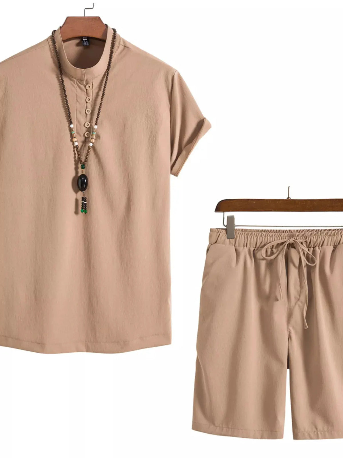 Men's Plus Size Casual Mandarin Collar Short Sleeve Shirt and Shorts Set by Trendsi
