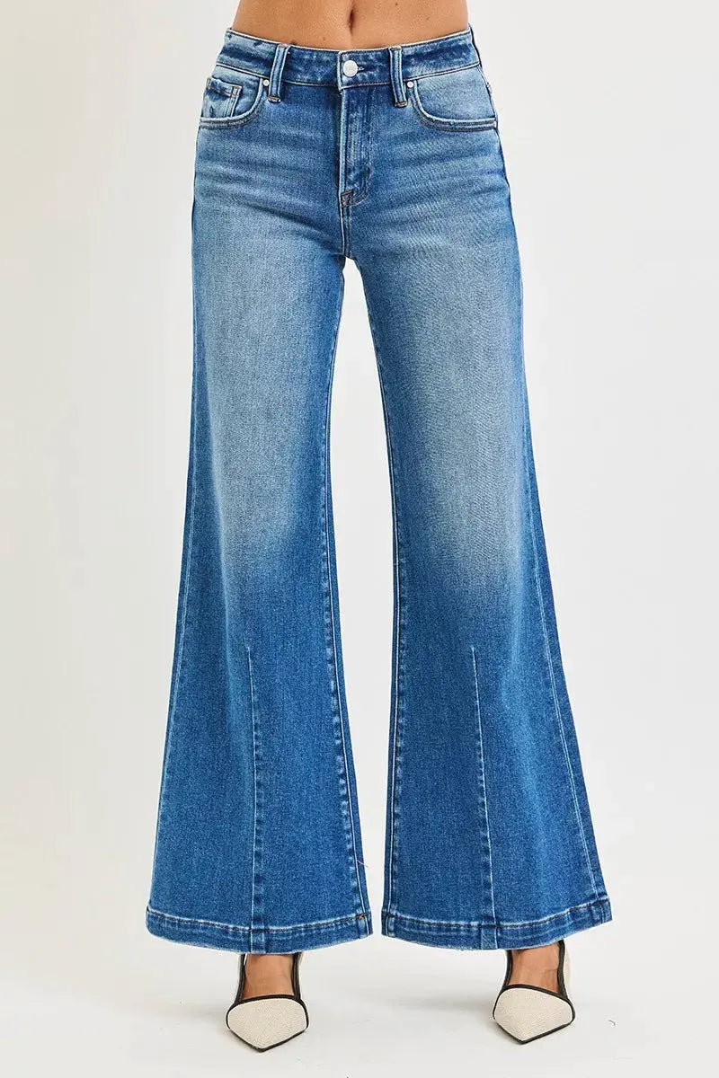 RISEN Full Size Mid Rise Wide Leg Jeans with Flared Look Plus Size by RISEN