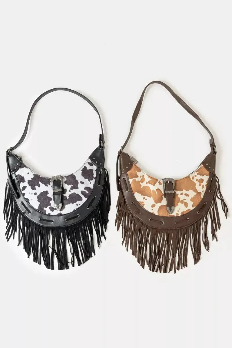 Fame Cow Print Faux Leather Fringe Hobo Bag by Fame