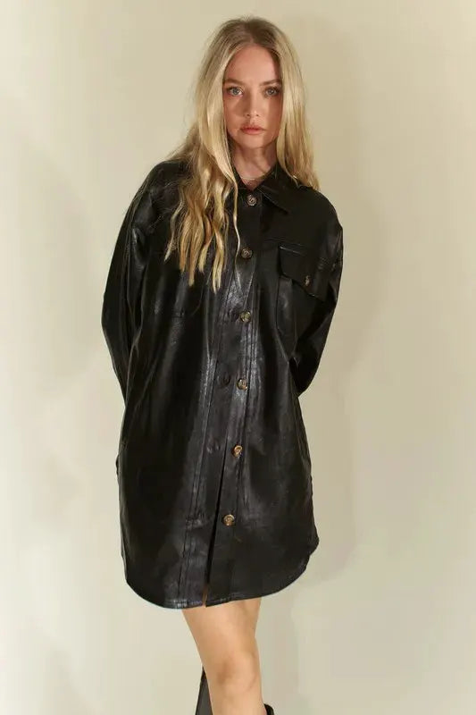 Davi & Dani Faux Leather Button Up Jacket with Chest Pockets by Davi & Dani