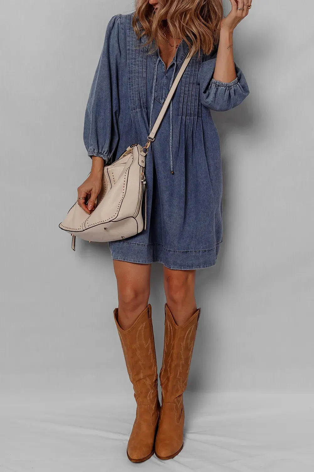 Tie Neck Long Sleeve Mini Denim Dress by Partner Label