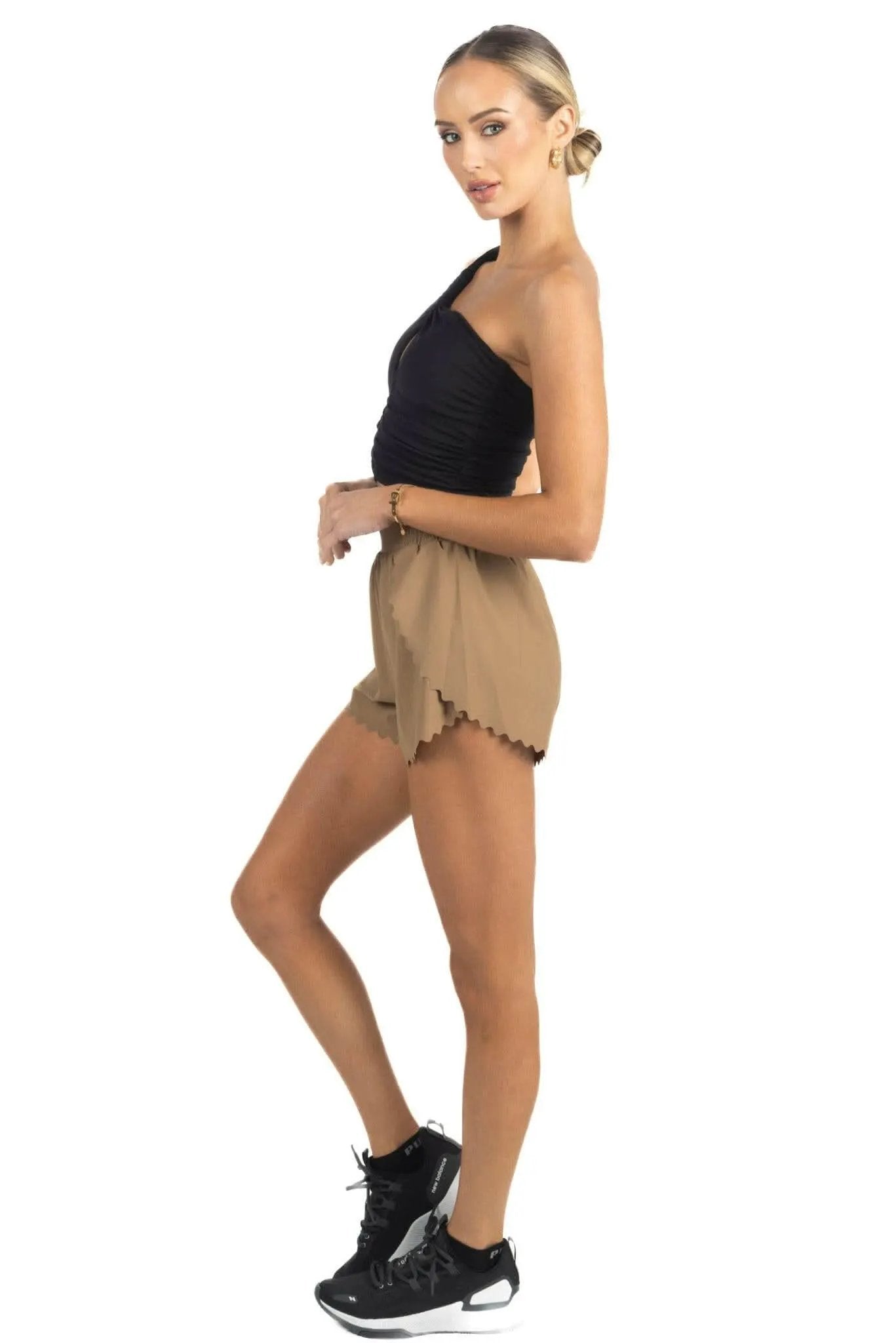 Chloe Romantic Scalloped Detailing Shorts in Soft Brown by AKALIA