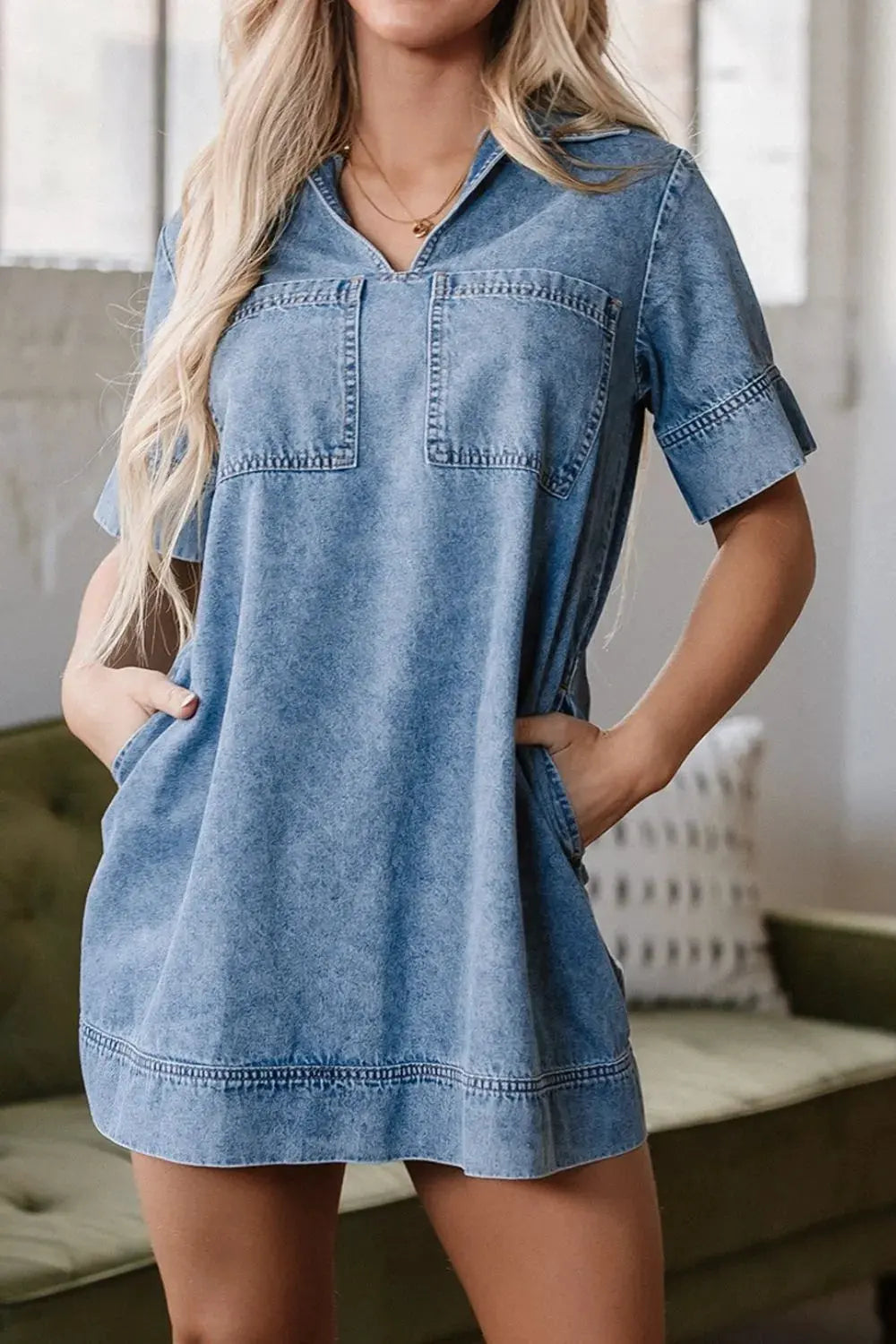 Short Sleeve Collared Patched Pocket Denim Mini Dress by Partner Label