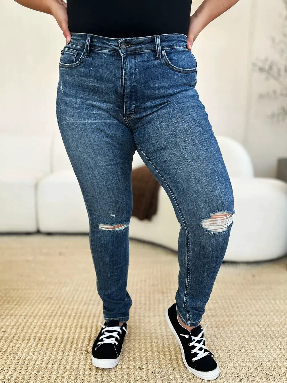 Judy Blue Full Size Mid Waist Distressed Slim Jeans by Judy Blue
