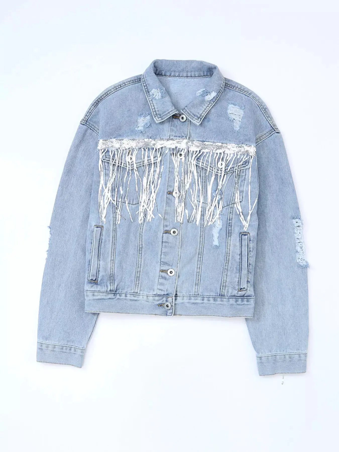 Fringed Sequin Embellished Denim Jacket by Partner Label