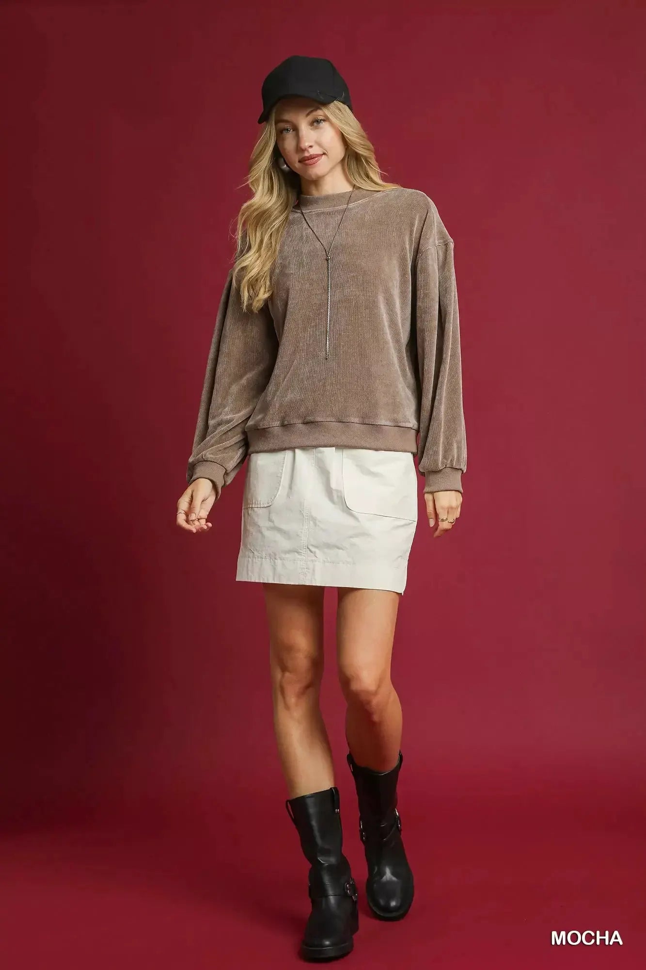 Umgee Velour Crewneck Balloon Sleeve Sweatshirt by Umgee