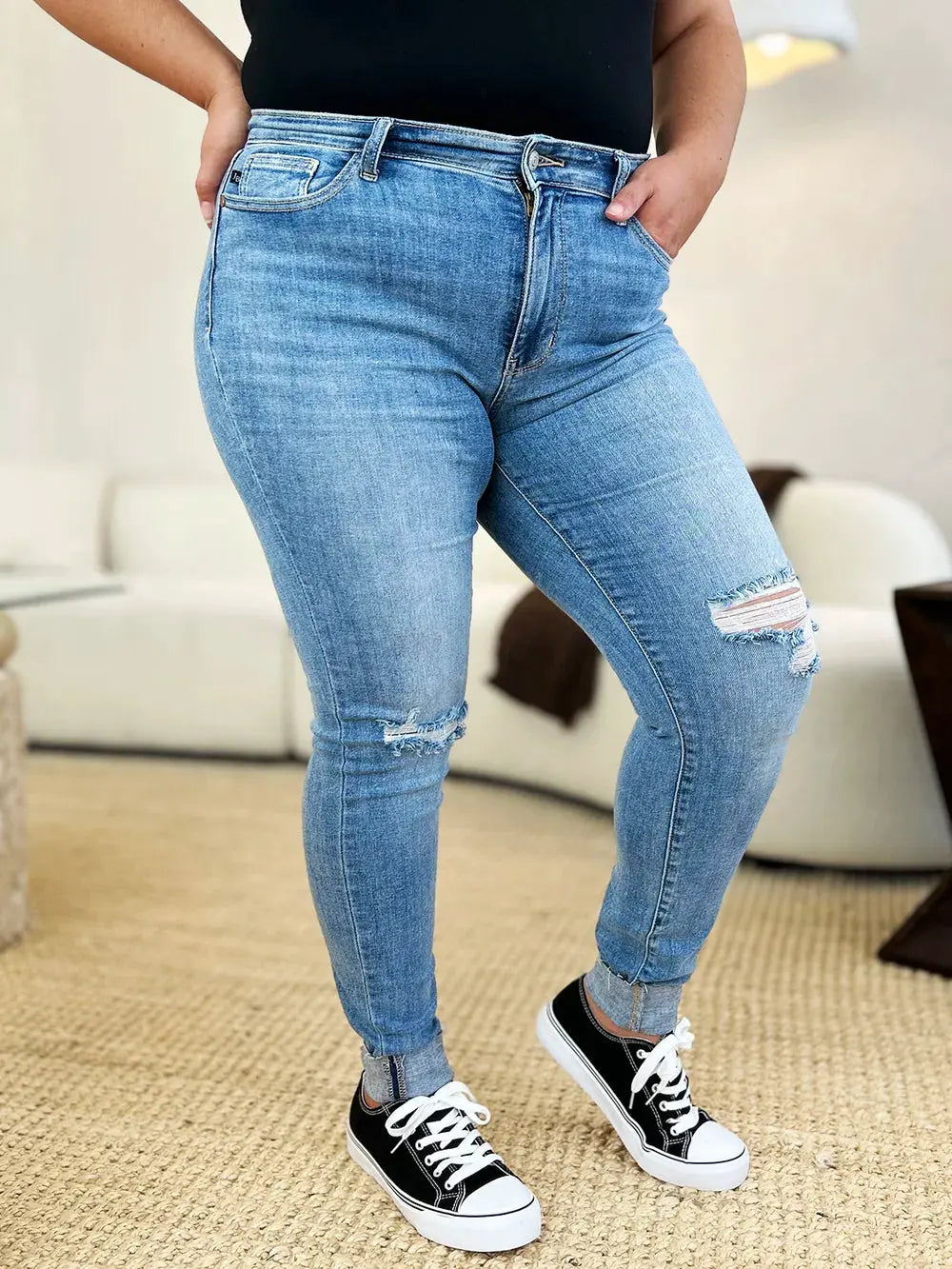 Judy Blue Full Size Mid Rise Destroy & Cuff Skinny Jeans by Judy Blue
