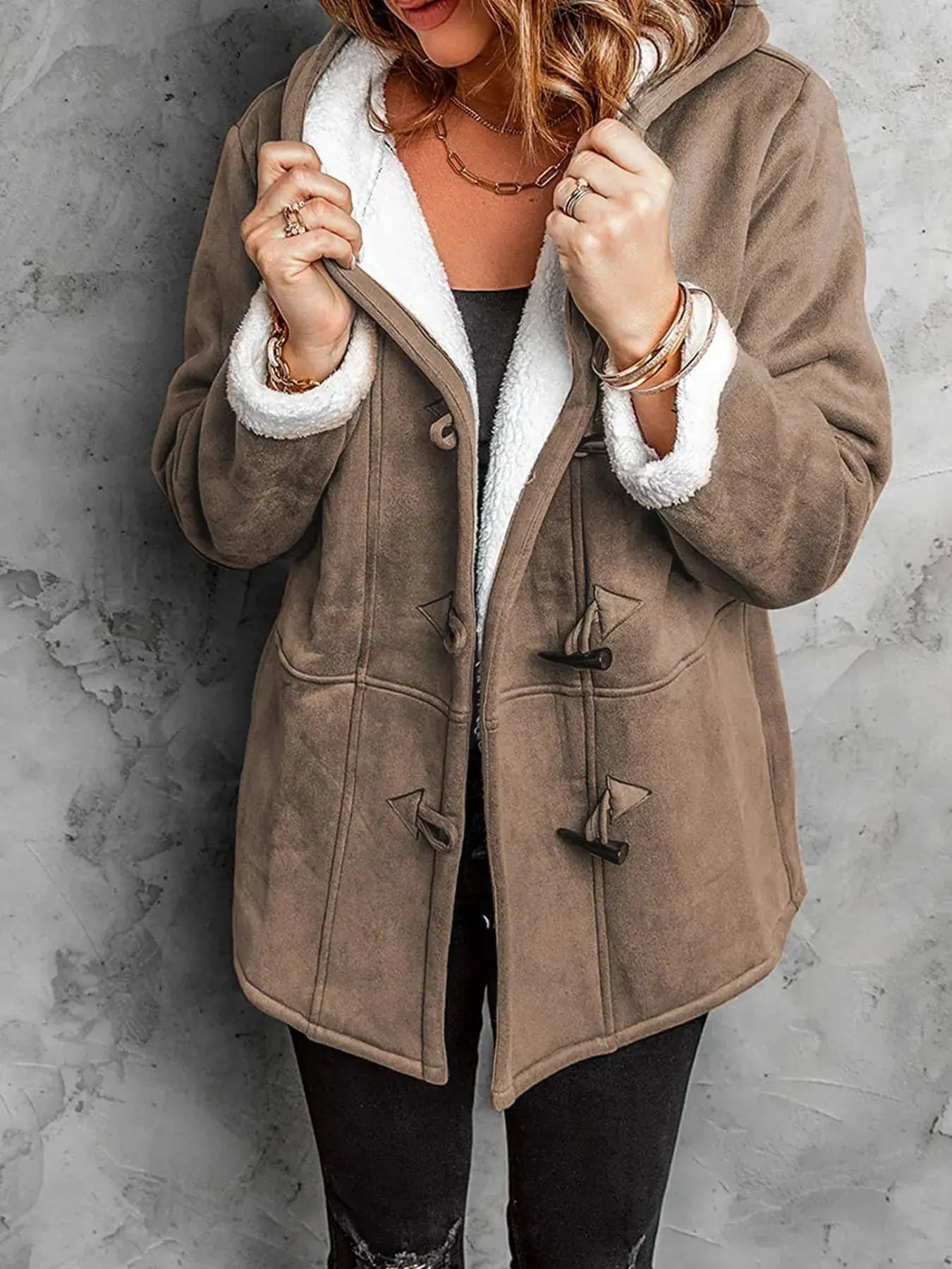 Full Size Cozy Sherpa Lined Toggle Coat with Hood Plus Size | Partner Labels Selection by Partner Label