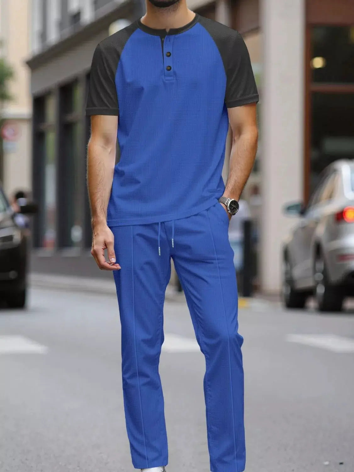 Men's Full Size Casual Two-Tone Raglan Sleeve Tee and Pants Set Plus Size by Trendsi