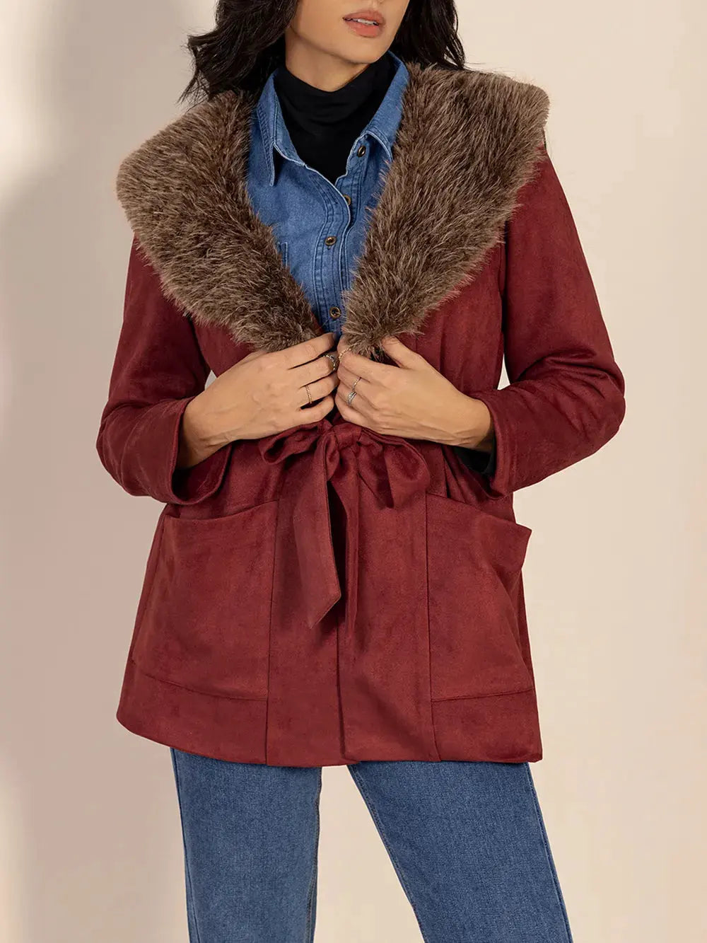 Fuzzy Collared Neck Tie Waist Jacket by Partner Label