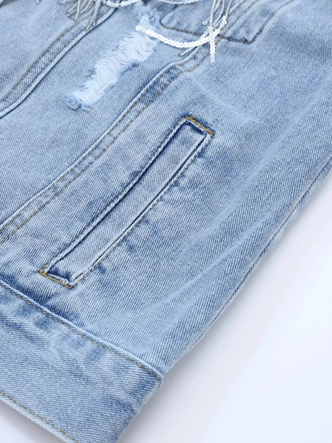 Fringed Sequin Embellished Denim Jacket by Partner Label