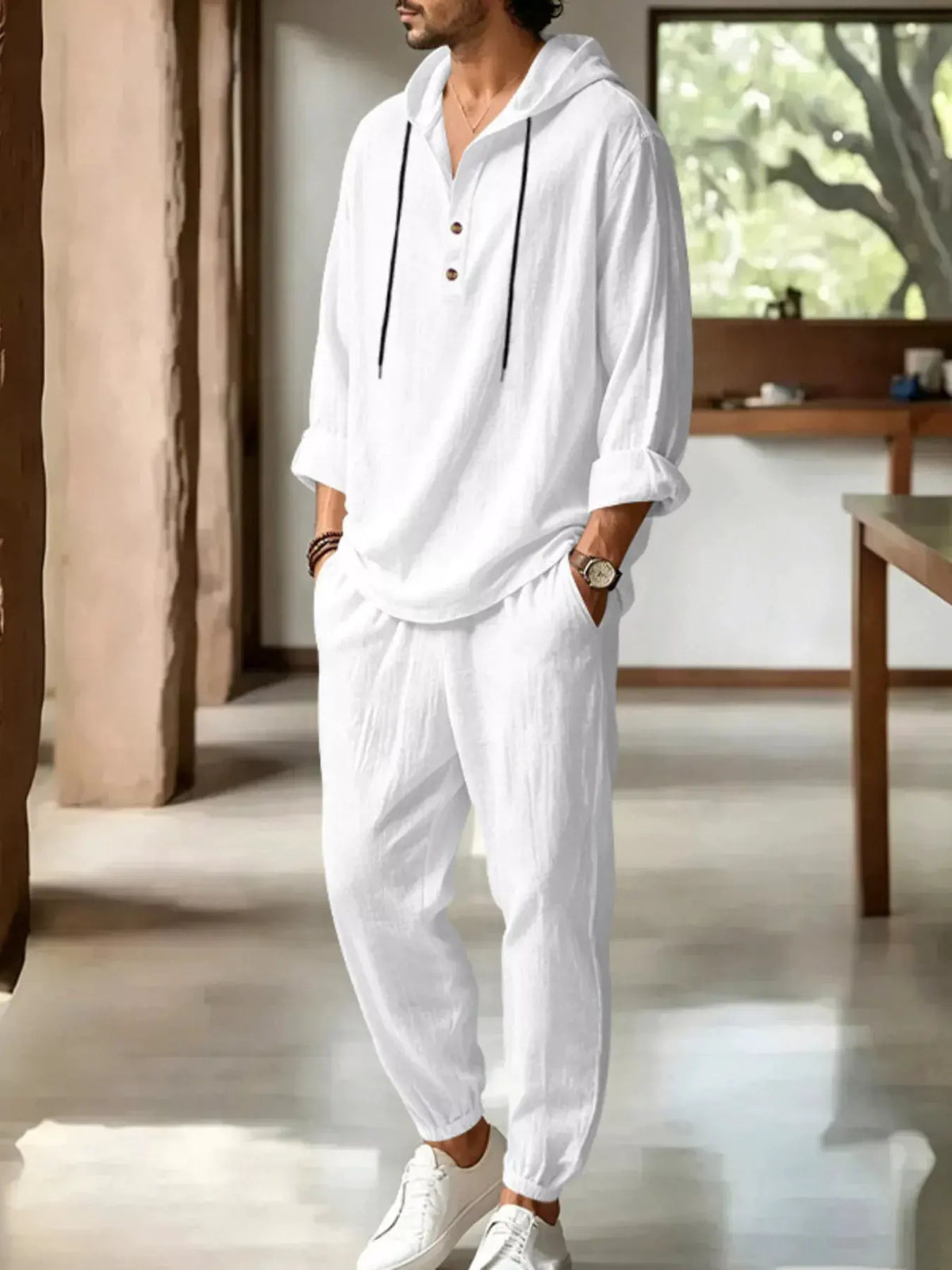 Men's Full Size Casual Button Detail Hooded Top and Pants Set Plus Size by Partner Label