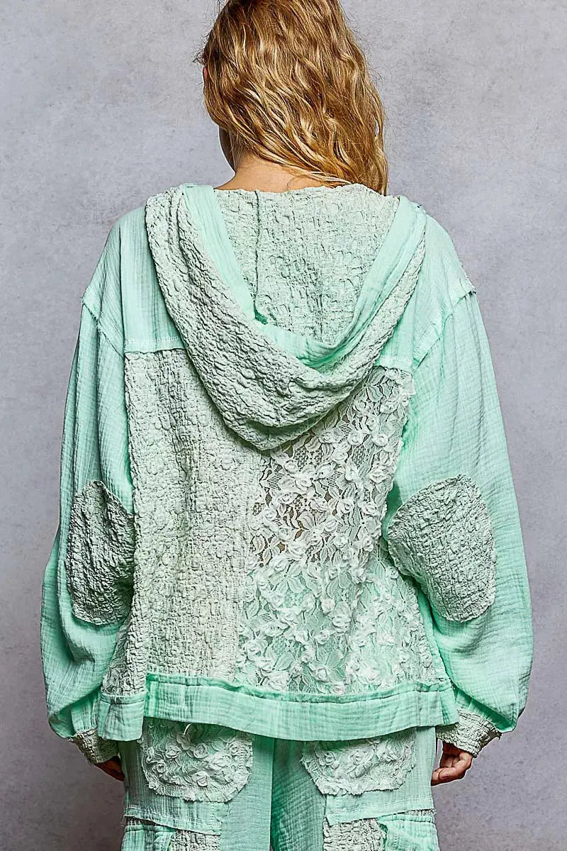 POL Exposed Seam Button Down Hooded Jacket with Lace Detail by POL