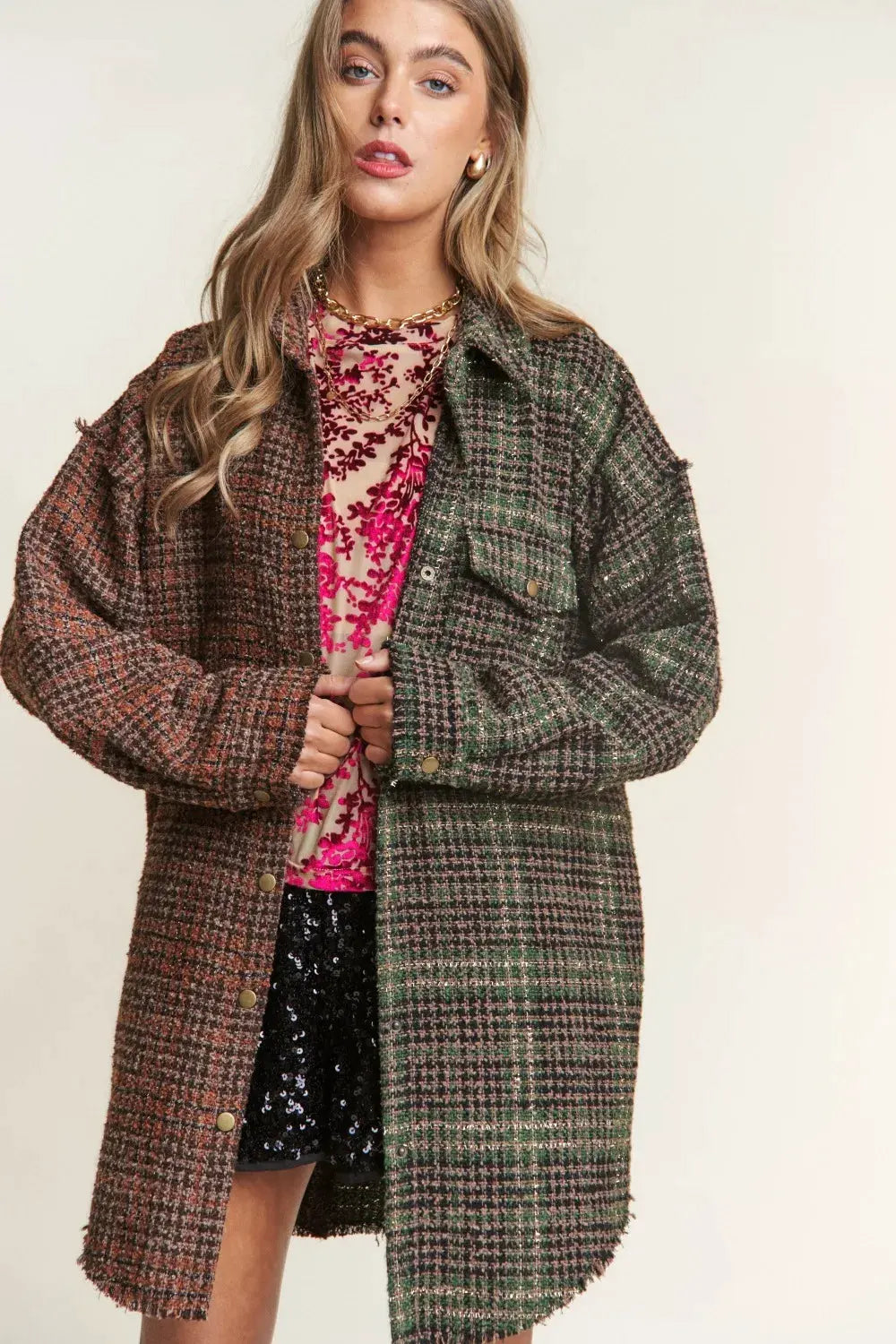 J.NNA Snap Down Tweed Plaid Contrast Longline Shacket by Partner Label