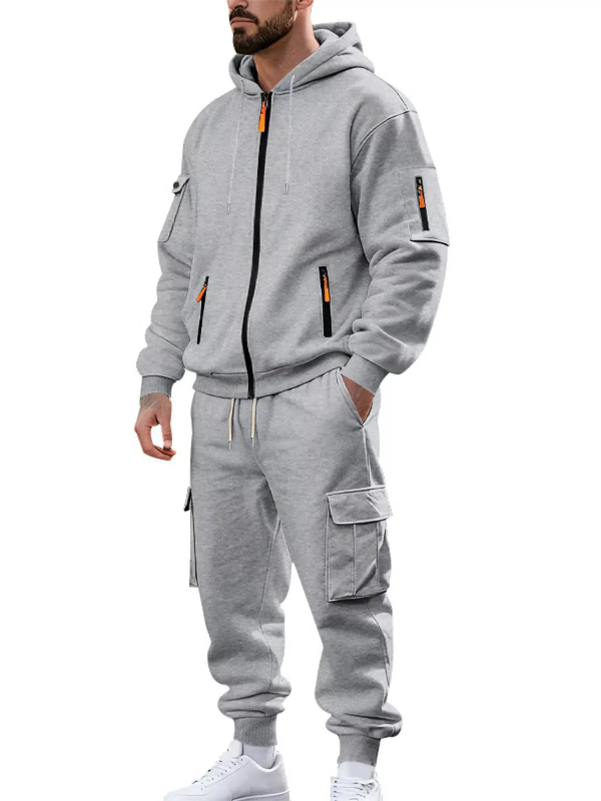 Men's Plus Size Casual Zip-Up Hoodie and Cargo Pants Set by Partner Label