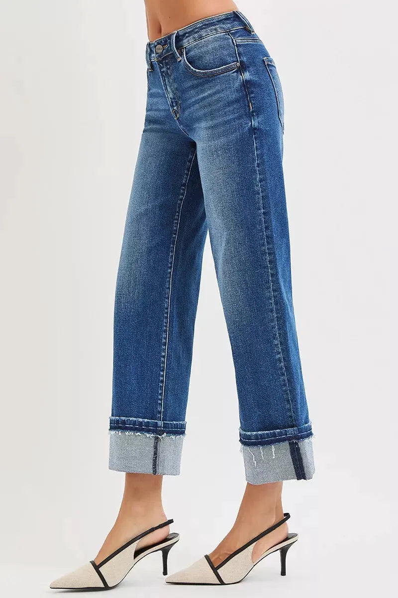 RISEN Mid Rise Ankle Straight Jeans with Cuffed Hem by RISEN
