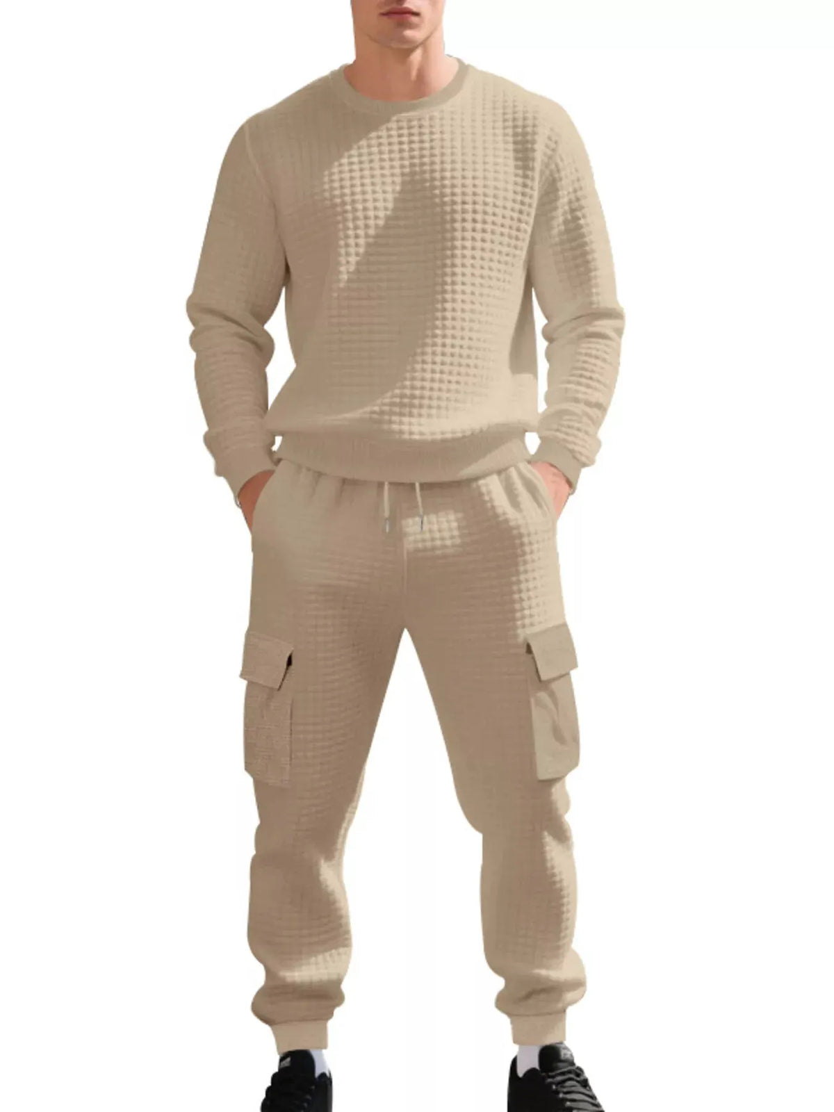 Men's Plus Size Waffle Knit Textured Crewneck Sweatshirt and Jogger Set by Trendsi