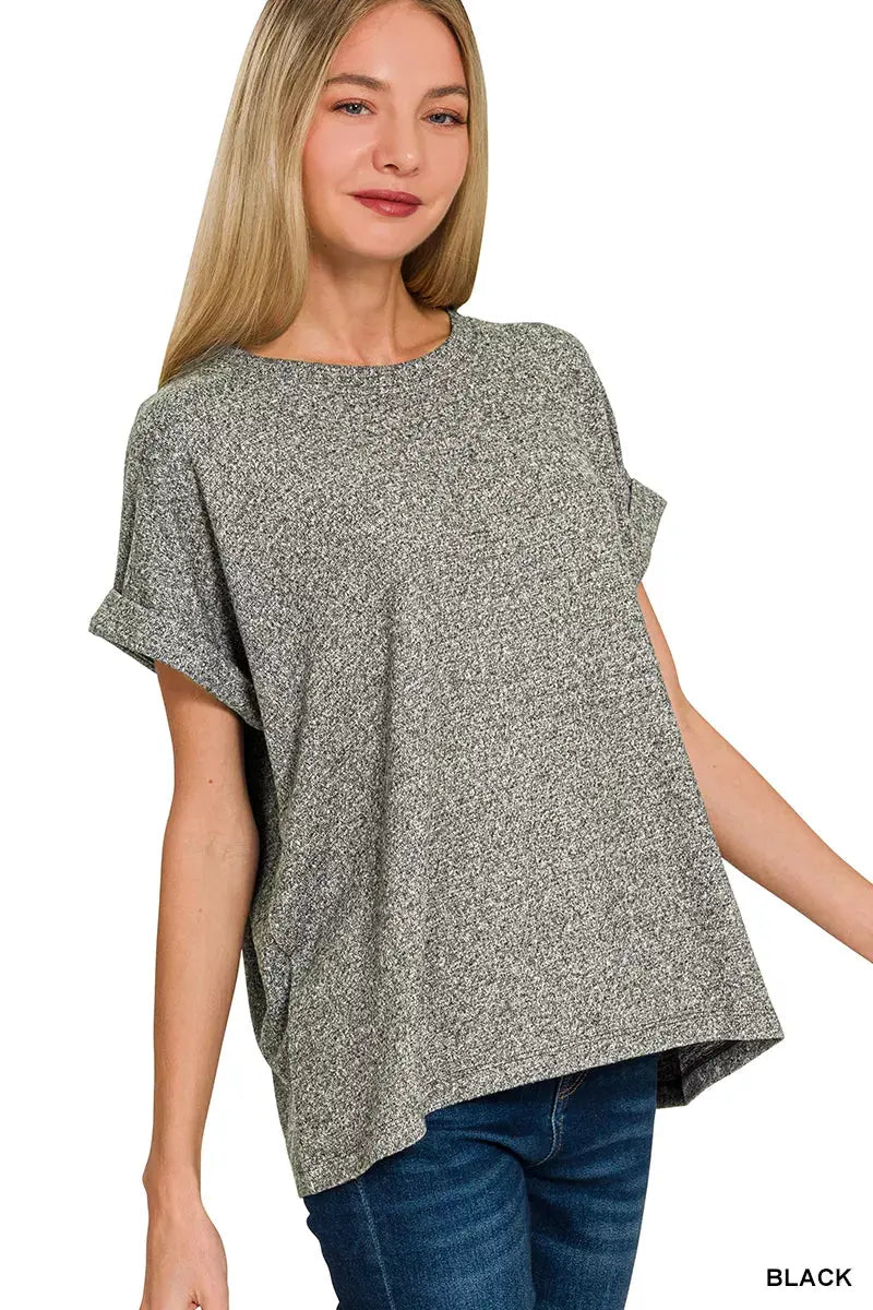 Soft Melange Hacci Short Sleeve Round Neck Top by boutique label Zenana | Partner Labels Selection by Zenana