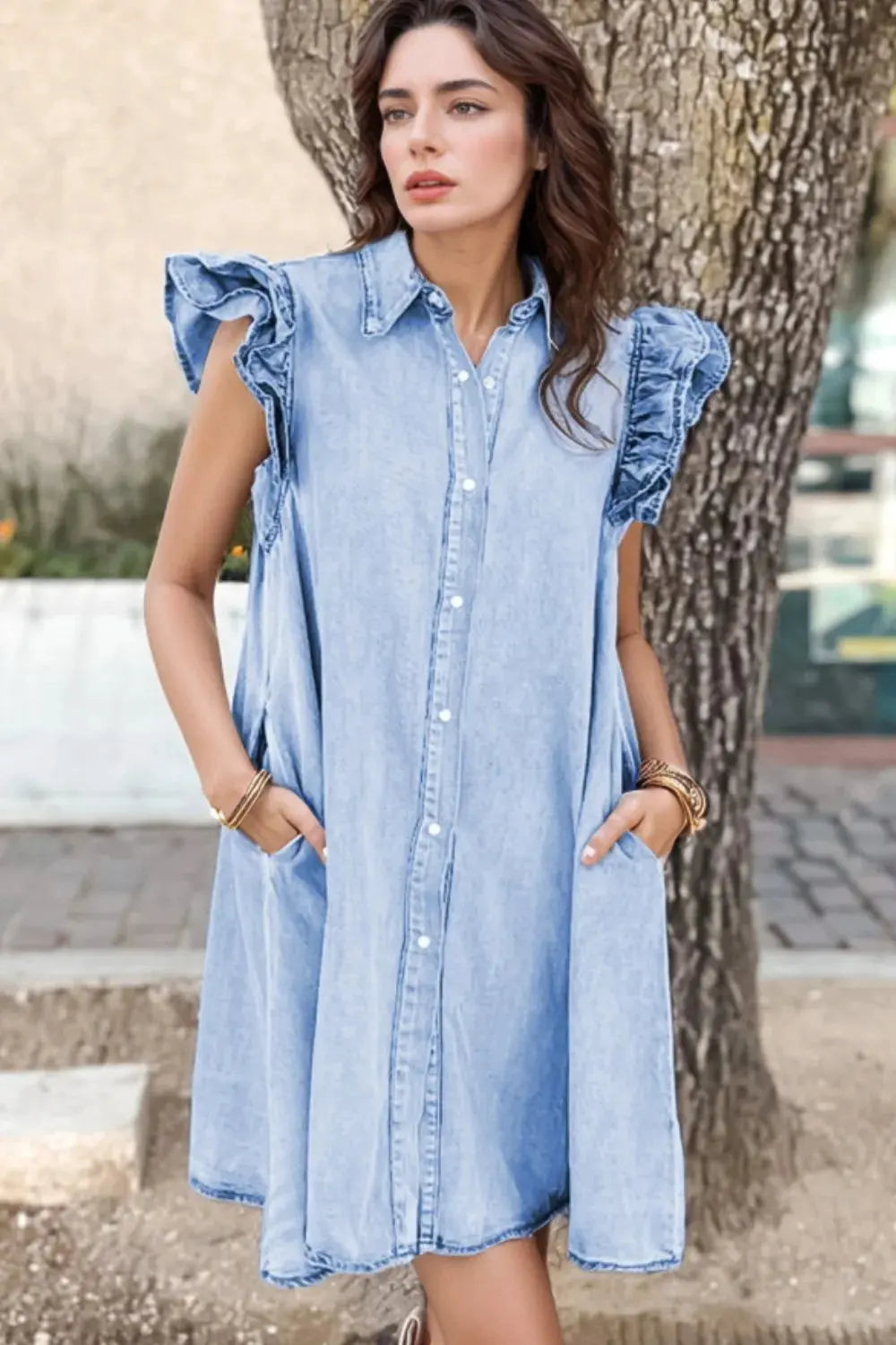 Ruffled Button Front Cap Sleeve Denim Dress by Partner Label