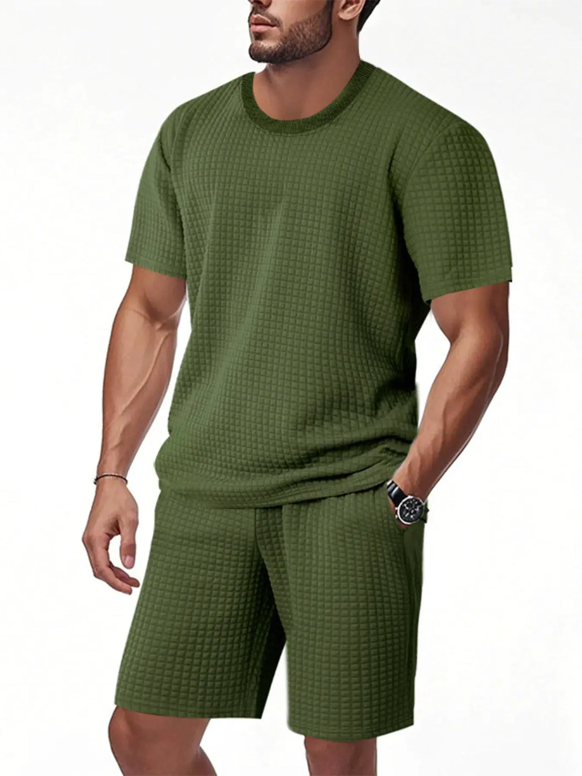 Men's Full Size Textured Round Neck Top and Shorts Set Plus SIze by Trendsi