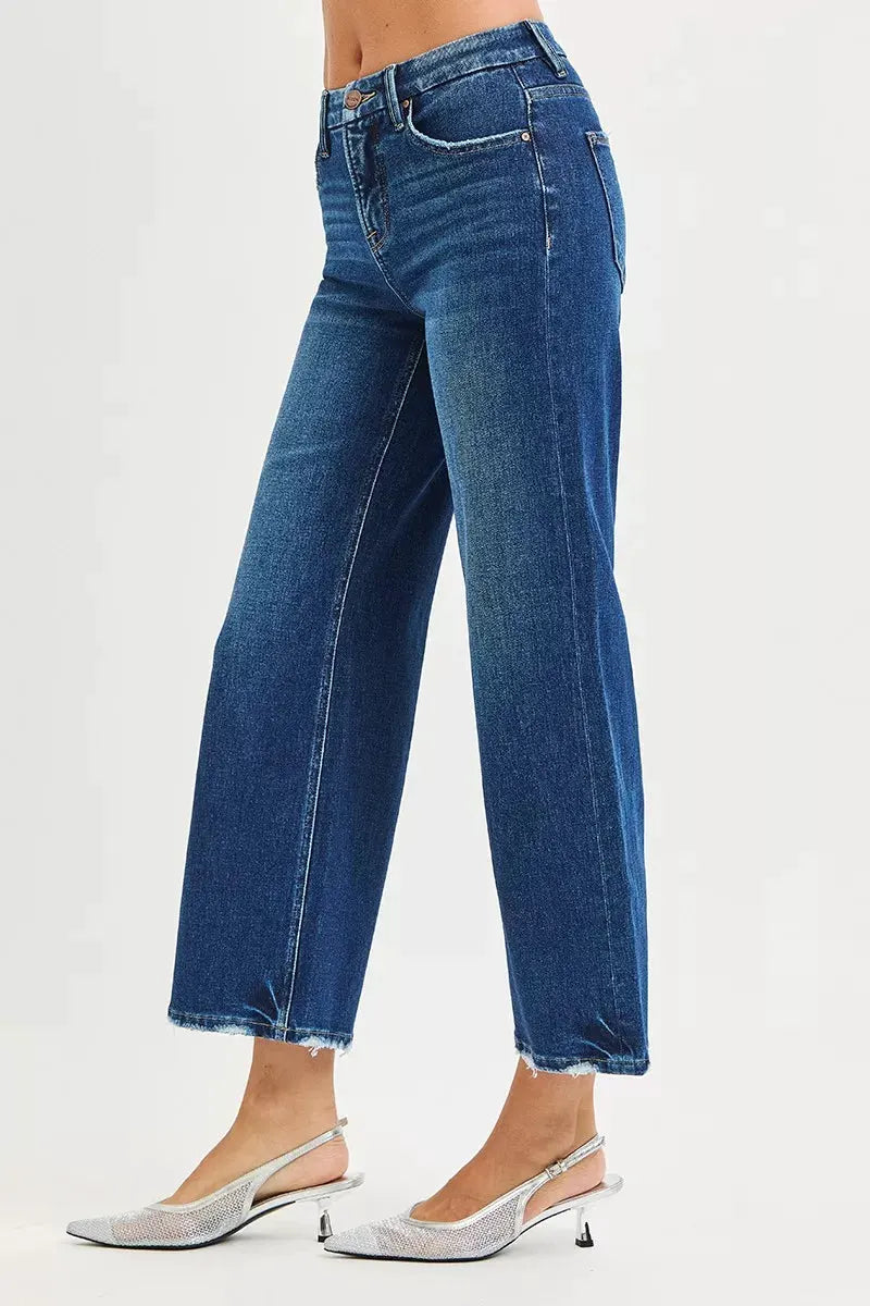 RISEN Tummy Control 4 Way Stretch High Rise Crop Wide Leg Jeans by RISEN